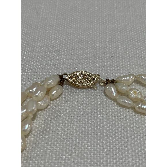 3 Strand Freshwater Rice Pearl Necklace 18" With 14k Yellow Gold Clasp & Beads - Picture 6 of 9